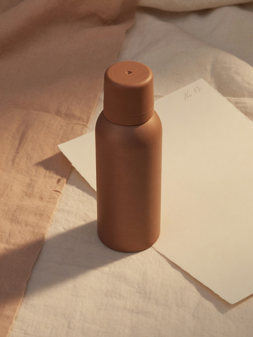 Form study: a matte 50 ml can in warm clay light. The first fill has not landed.