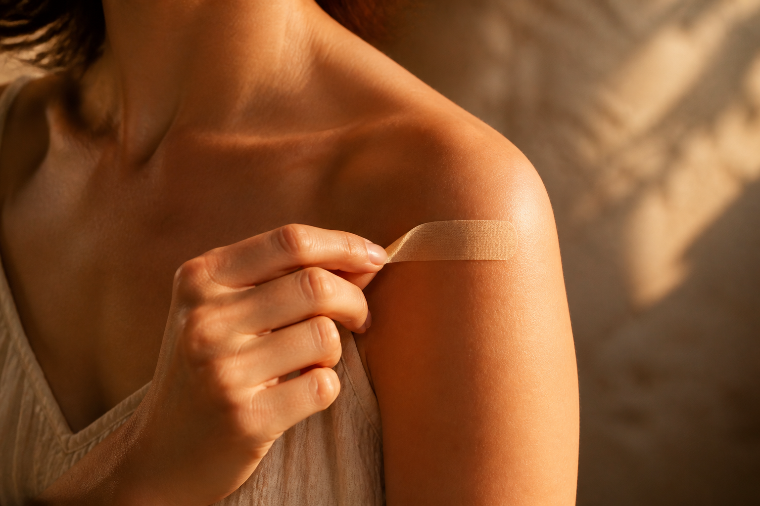 Sun-warmed skin, a tape lifting