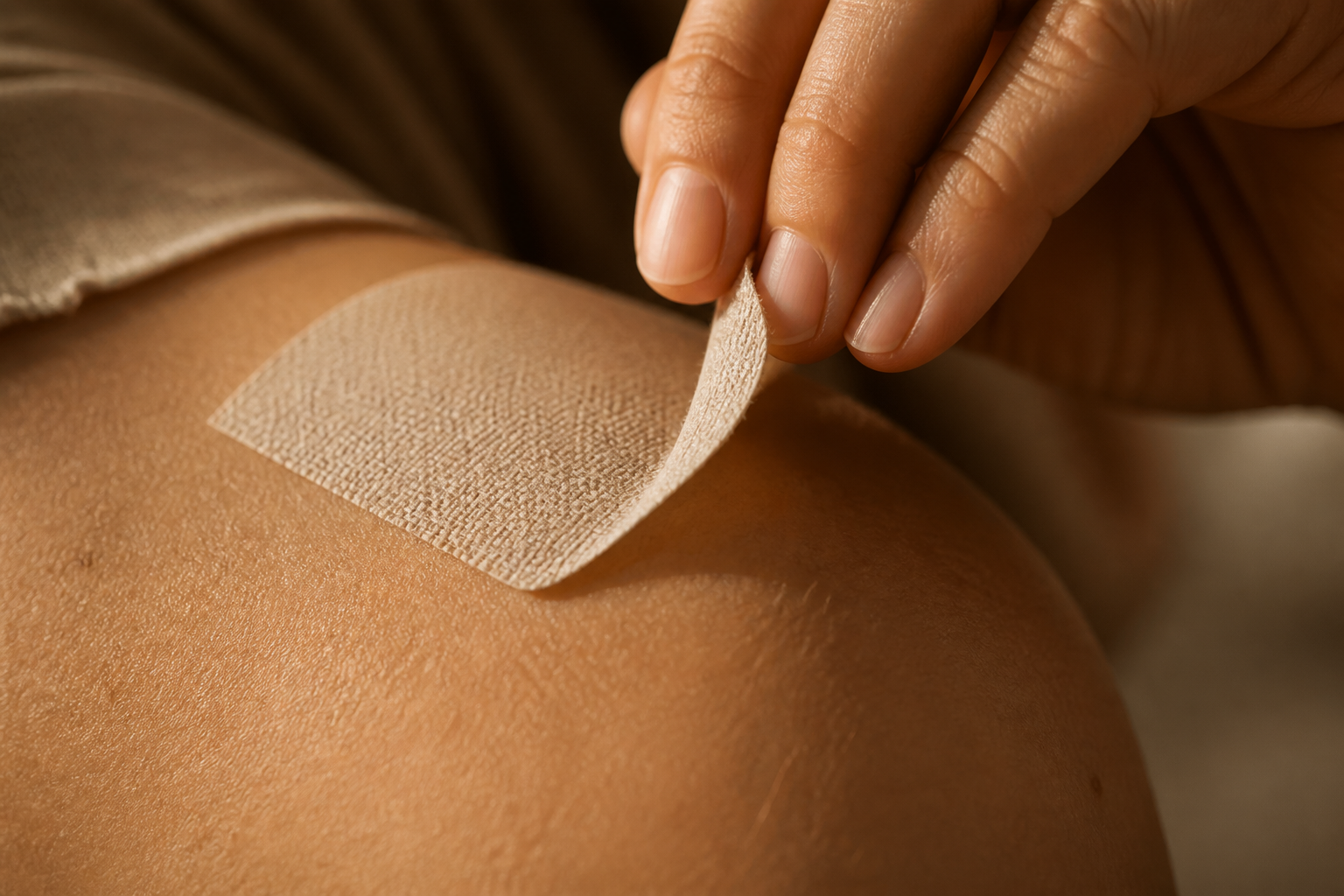 A hand lifting tape from warm skin