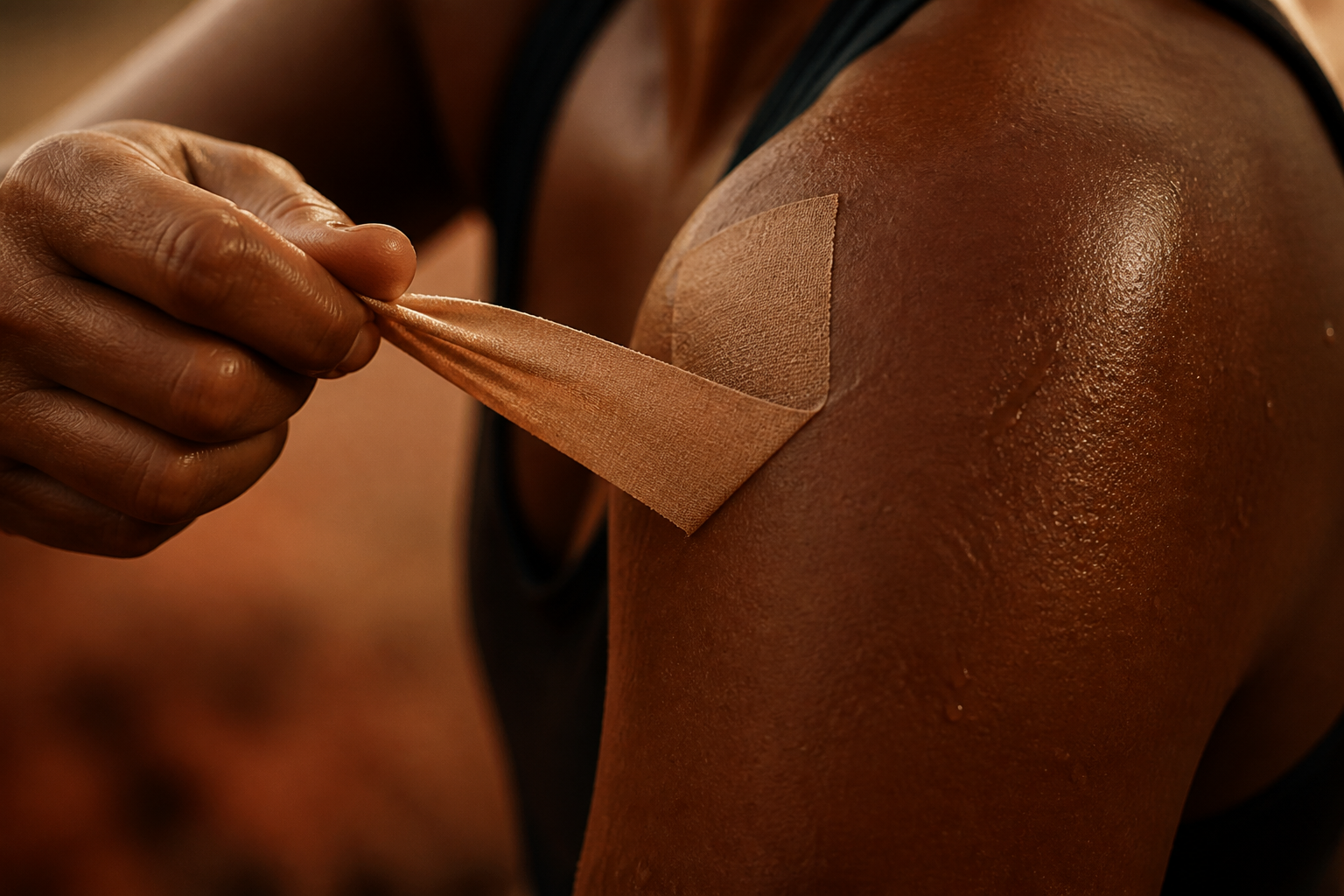 Kinesio tape peeling from a sunlit shoulder